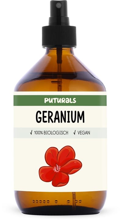 Puturals Geraniumwater 100% Biologisch - 500ml - Puur en Vegan - Geranium Spray voor Huid en Haar - Zonder Alcohol - Bijproduct van Geranium Olie - Bruine Glazen Fles + Verstuiver