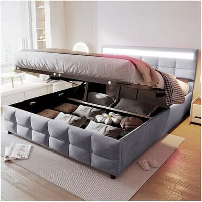 Merax Opbergbed 180 x 200 cm met hoofdbord - LED's - Fluweel - Lattenbodem - Grijs (zonder matras)