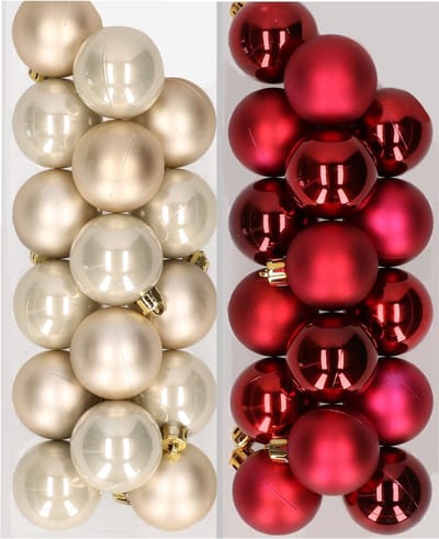 Kleine kerstballen - 32x st - champagne en donkerrood - D4 cm - kunststof - kerstversiering