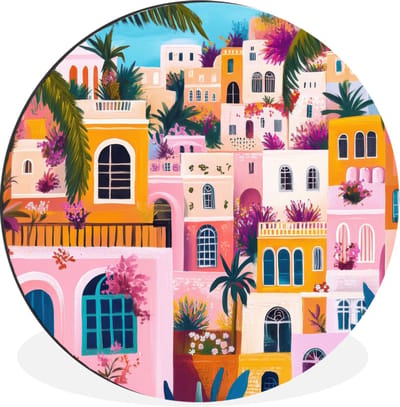 WallCircle - Wandcirkel - Muurcirkel - Kleurrijk - Roze - Oranje - Geel - Bloemen - Aluminium - Dibond - 90x90 cm - Binnen en Buiten