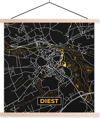 Posterhanger incl. Poster 40x40 cm - Schoolplaat - Diest - Kaart - Plattegrond - Goud - Stadskaart - Textielposter - Blanke latten - Stadskaart