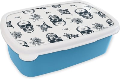 Broodtrommel Blauw - Lunchbox - Brooddoos - Tieners - Skull - Bloemen - Patronen - 18x12x6 cm - Kinderen - Jongen