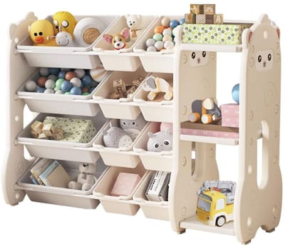 DD Opbergkast Speelgoed - Opberkast met 4 Verdiepingen - Opbergkast met Boekenplank - Beige