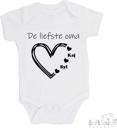 100% katoenen Romper "De liefste oma met de namen van 2 kleinkinderen" Unisex Katoen Wit/zwart 62/68