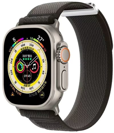 Stravo Trail Loop Nylon Sport bandje - Zachte nylon Smartwatchbandje met klittenbandje - Geschikt voor Apple Watch 46mm (Series 11/10), 45mm (Series 9/8/7), 44mm (Series 6/5/4, SE 3/2/1), 49mm (Ultra 3/2/1) - Zwart/Grijs
