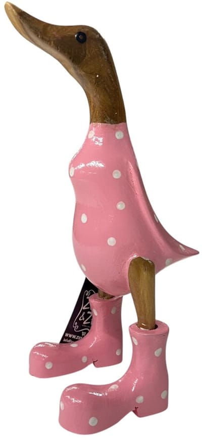 Handgemaakte Houten Eend Pinki Roze – 24 cm – Decoratief Beeld met Laarzen – Uniek Design