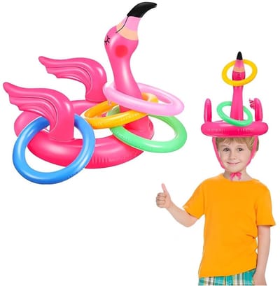 Dailygoods- Opblaasbaar Werpspel - Opblaasbare Flamingo-hoed - 4 Opblaasbare Ringen - Zwembadfeestaccessoires - Buiten/ Binnen Spelletjes - Actieve Sfeer - Opblaasbaar Speelgoed