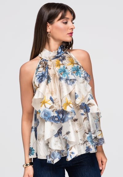OMBRE Blouse - Loose Fit - Mouwloos - Trekkoord Blauw ONESIZE