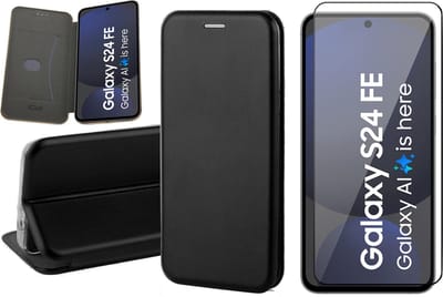 Hoesje geschikt voor Samsung Galaxy S24 FE - Screenprotector Volledig Dekkend Glas - Wallet Book Case Zwart