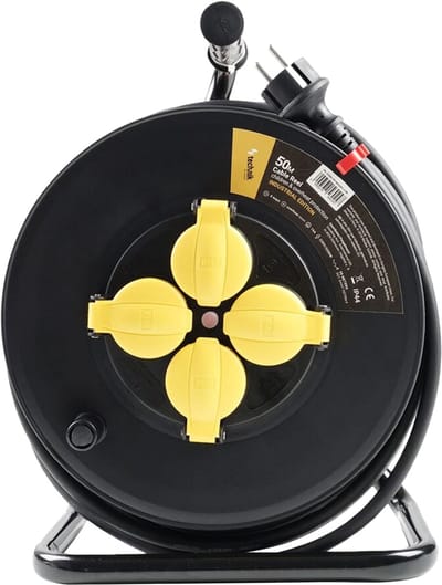 Technik Kabelhaspel 50 Meter - 4-Voudig - H07RN-F Industriele Kwaliteit - Haspel Verlengsnoer - Buiten en Binnen - 3x1.5mm - Zwart