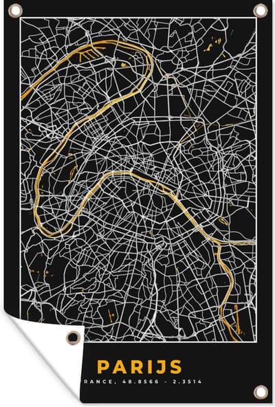 Muurdecoratie Parijs - Stadskaart - Goud - Plattegrond - Kaart - 120x180 cm - Tuinposter - Tuindoek
