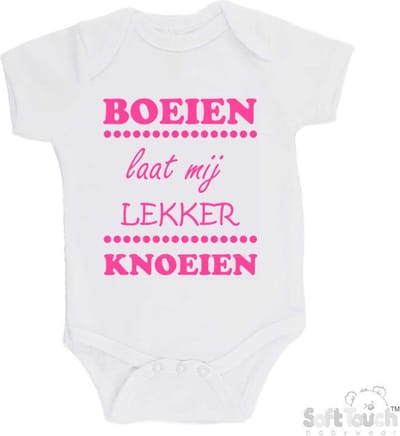 100% katoenen Romper "Boeien laat mij lekker knoeien" Meisjes Katoen Wit/roze Maat 62/68