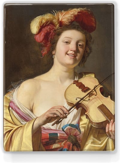 De Vioolspeelster - Gerard van Honthorst - 19,5 x 26 cm - Niet van echt te onderscheiden schilderijtje op hout - Mooier dan een print op canvas - Laqueprint.
