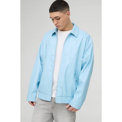 Officieel oversized PU-gegraveerd bomberjack met kraag | Light Blue | Size XS