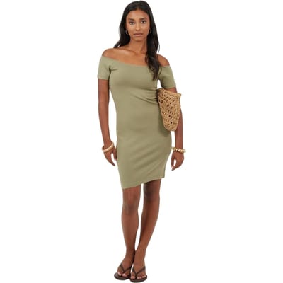 Brave Soul Dames Off Shoulder Korte Mouwen Bodycon Jurk (Khaki)