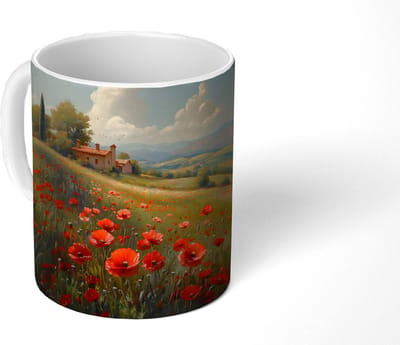 Mok - Koffiemok - Klaprozen - Rood - Heuvels - Landschap - Mokken - 350 ML - Beker - Koffiemokken - Theemok