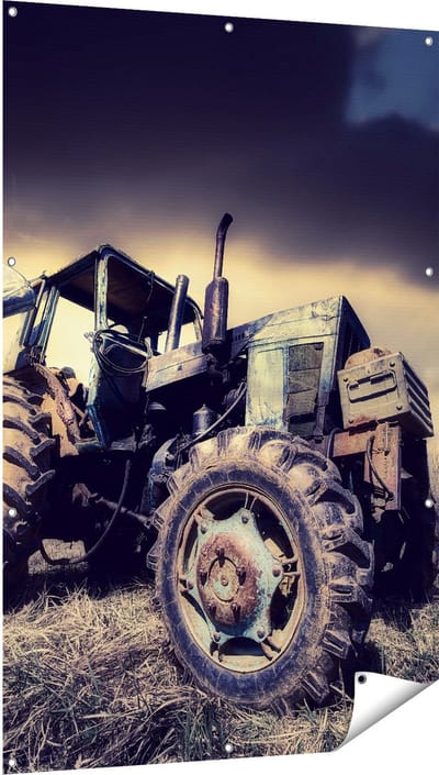 Gards Tuinposter Oude Tractor op het Grasveld - Trekker - 100x150 cm - Tuindoek - Tuindecoratie - Wanddecoratie buiten - Tuinschilderij