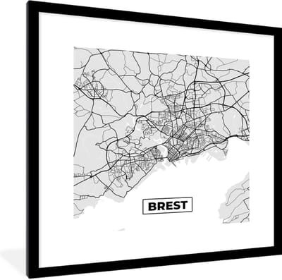 Fotolijst incl. Poster - Brest - Frankrijk - Plattegrond - Kaart - Stadskaart - 40x40 cm - Posterlijst