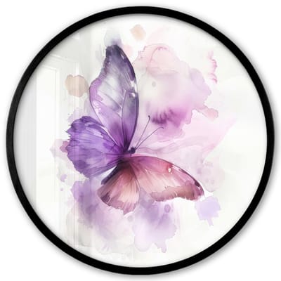 Poster in lijst Rond - Fotolijst 40x40 cm - Posters - Vlinder - Paars - Pastel kleuren - Ronde posterlijst zwart - Decoratie - Wanddecoratie woonkamer - Muurdecoratie slaapkamer