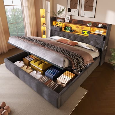MIVRAY Gestoffeerd Bed 140x200 Cm Zonder Matras - Led Hoofdbord Met Usb En Type C - Hydraulische Opbergruimte En Hoofdeinde Vak - Linnen - Grijs