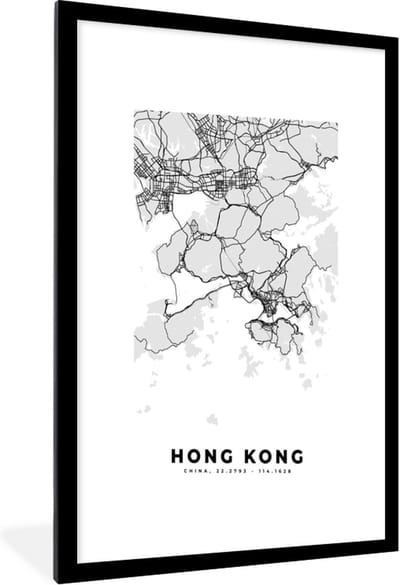 Fotolijst incl. Poster Zwart Wit- Hong Kong - Stadskaart - Zwart Wit - Plattegrond - Kaart - 60x90 cm - Posterlijst