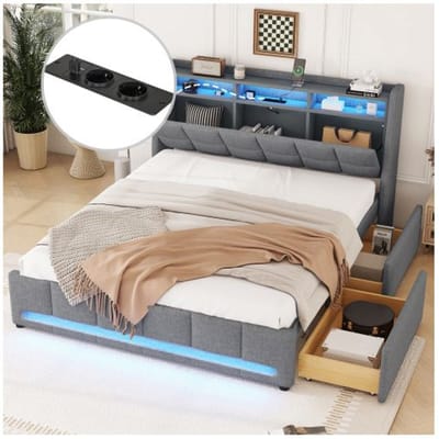 Lit - MUVOE - 140 x 200 cm - Rangement intégré - Éclairage LED - Prise USB gris