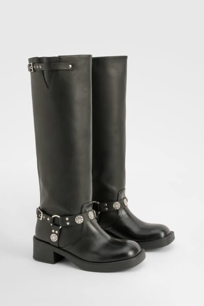 boohoo Dames Western-stijl gespdetail kniehoge laarzen | Zwart | Maat: 40