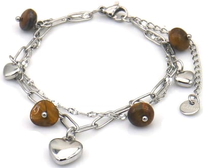 Armband - hartjes met stenen - RVS - 16-21 cm - bruin – valentijn – cadeau