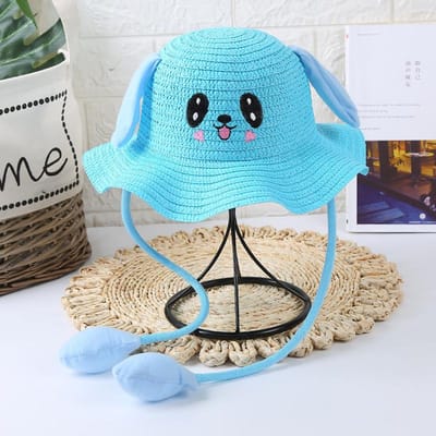 Chapeau Lapin Bébé Enfant avec Oreilles Mobiles Chapeau de Paille Lapin Oreilles Sautantes Casquette Amusante Chapeau à Large Bord Protection Solaire Garçons Filles Extérieur bleu