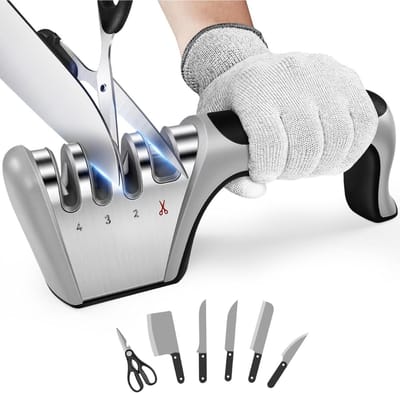 RONN® Professionele Messen Slijper - 4 in 1 - Met Anti-snij Handschoen - Voor Keuken- en Scharen - Zilver - ‎23cm x 8cm x 5cm