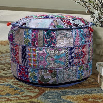 Poef Hoes - Ottomaanse Kruk - Woonkamer Decoratie - Uniek Patchwork Ontwerp - 55x35 cm - Grijs
