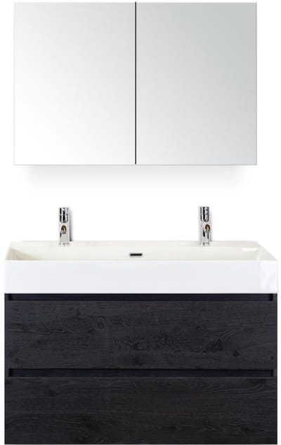 Maxx XL Badmeubelset 100 cm - Black Oak - Wastafel Kube 2 Kraangaten met Spiegelkast