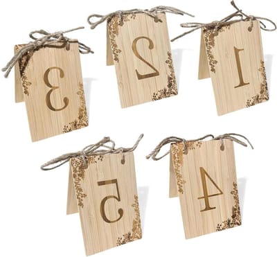 Tafelkaartjes Set - Nummerkaarten Hout - Evenement Organisatie - Herbruikbaar Ontwerp - Nummers 1-5 - Houtkleur