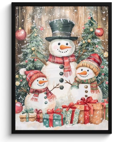 Poster in lijst - Fotolijst 60x80 cm - Posters - Sneeuwpop - Familie - Kleurrijk - Posterlijst zwart - Decoratie - Wanddecoratie woonkamer - Muurdecoratie slaapkamer