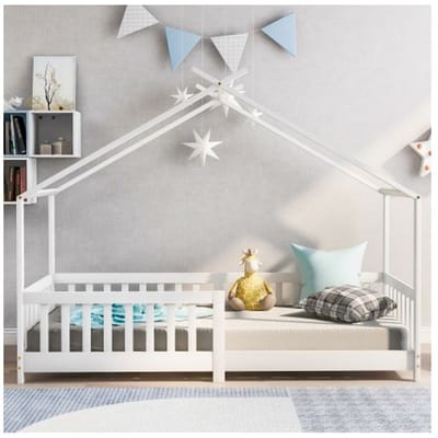 Kinderbed - MUVOE - 90x200 cm - Massief hout - Bedhek - Wit