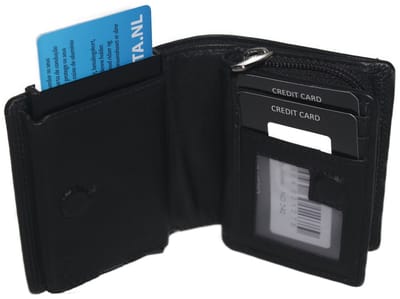 OI zwarte leren ritsportemonnee met cardprotector / compacte portemonnee met Figuretta pasjeshouder en ritsvak voor muntgeld / complete portemonnee met anti skim kastje / leren beurs met metalen pasjeshouder en ruim ritsvak / zwart leer / 242
