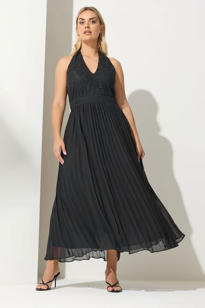 Yours London Maxijurk Met Halternek En Plooirok In Zwart Size 52