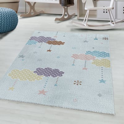 Flycarpets Kids Vloerkleed Kinderkamer Wolken - Speelkleed / Speelmat - Laagpolig - Crème / Multi - 160x230 cm