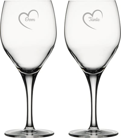 Gegraveerde Rode wijnglas 42,5cl Tante met hartje & Oom met hartje