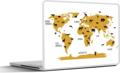 Laptop sticker - 10.1 inch - Wereldkaart kinderen - Dieren - Bruin - 25x18cm - Laptopstickers - Laptop skin - Cover