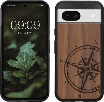 kwmobile telefoonhoesje geschikt voorGoogle Pixel 8a - Hoesje met bumper - hout - In donkerbruin Vintage Kompas design