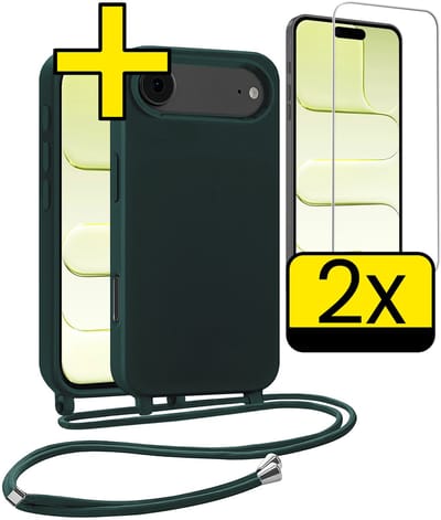 Hoesje Geschikt voor iPhone Air Hoesje Met Koord Met 2x Screenprotector Siliconen Case - Hoes Geschikt voor iPhone Air Backcover Met Afneembaar Koord - Donkergroen