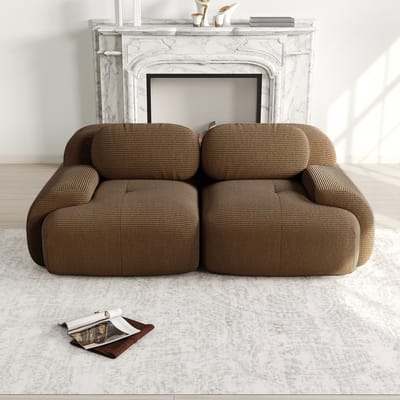Corduroy tweezitsbank - frameloze bank - modulaire opstelling - met gebogen armleuning en antislip onderkant - bruin