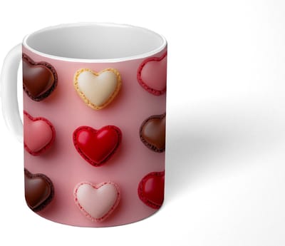 Mok - Koffiemok - Macarons - Hartjes - Kleurrijk - Roze - Mokken - 350 ML - Beker - Koffiemokken - Theemok