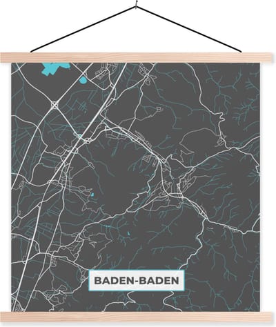 Posterhanger incl. Poster 60x60 cm - Schoolplaat - Baden Baden – Stadskaart – Blauw – Plattegrond – Stadskaart – Kaart - Duitsland - Textielposter - Blanke latten - Stadskaart