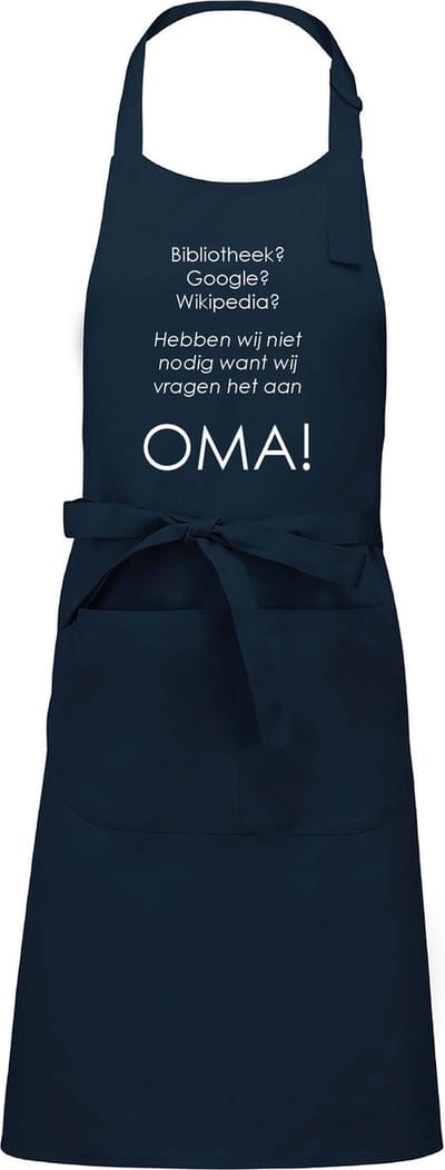 Mijncadeautje Schort - Wij vragen het aan OMA - opdruk wit - mooie en exclusieve keukenschort - blauw