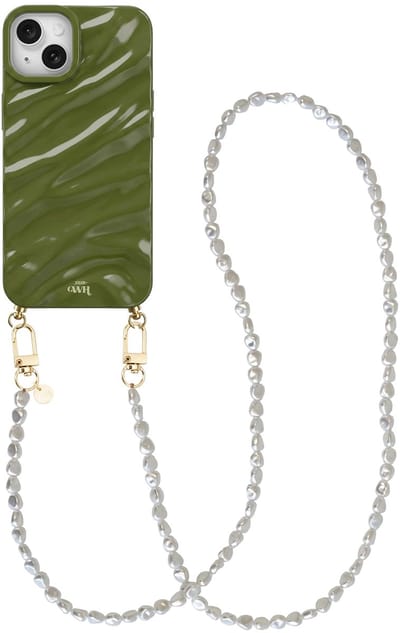 xoxo Wildhearts Glaze Cord Case Groen - Geschikt voor iPhone 15 Plus - Pearlfection - Lang koord - Glimmend siliconen telefoonhoesje met plooien - Dream hoesje met koord - Parelketting - Telefoonkoord