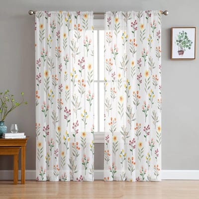 Bloem Aquarel Bloem Slaapkamer Transparante Dunne Gordijnen Vakantiedecoratie Raam Voile Tule Gordijn 135W x 114H(cm) white