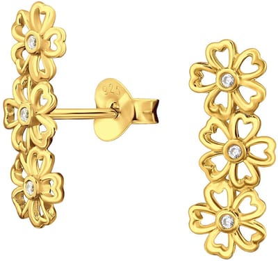 Joy|S - Zilveren bloem oorbellen - 3 bloemen met hartje blad - zirkonia - 16.5 mm x 6.5 mm - gold plated