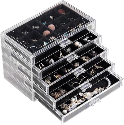 Acryl Sieraden Organizer met 5 Lades en Velours Inleg voor Oorbellen, Ringen en Studs - Transparante Sieradenbox voor Vrouwen
